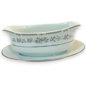 Celebrity Wellington China Gravy Boat With Attached Underplate NO 6123 Pink Blue